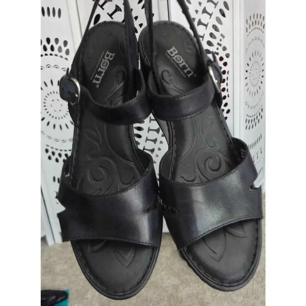 Born Du Jour Black Leather Wedge Sandals Ankle Strap Slingback Comfort Womens 9
